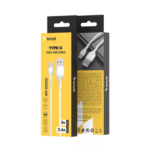 Technik Tölto-és Adatkábel PVC USB-A / USB-C 5V 2,4A 1m Fehér