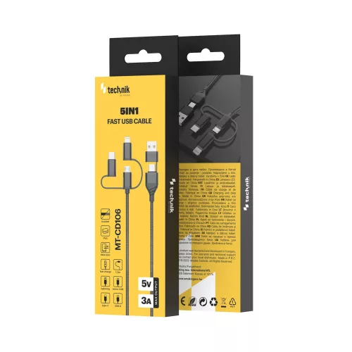 Technik Tölto-és Adatkábel Braided (5in1) USB-A/C to all 5V 3A 1,2m Fekete