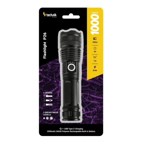 Technik Elemlámpa P26 (+1x26650 3500mAh) P50 LED + USB-C (1000 lumen)