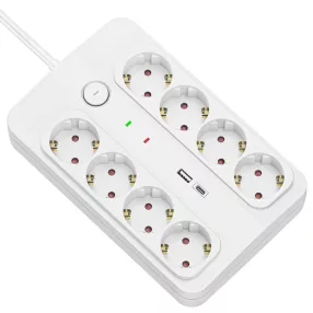   Technik Professional Elosztó 8 utas 1,5m 1,5mm2 +USB-A-C +surge +kapcsoló 16A